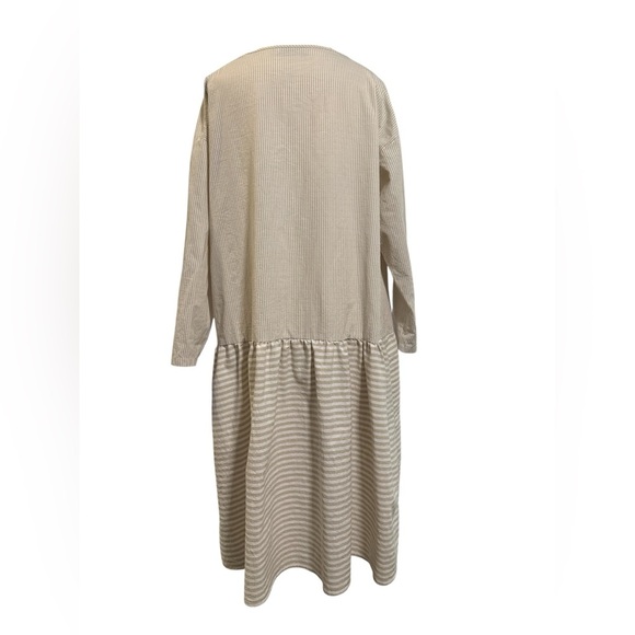 MISSLOOK Tan and White Striped Long Sleeve Drop Waist Dress - Picture 5 of 7